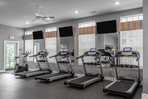 A gym with treadmills and a fan.