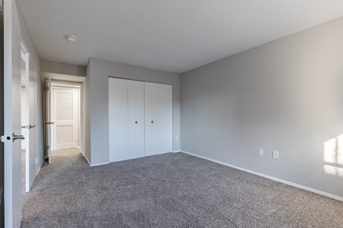 A room with grey carpet and white walls.