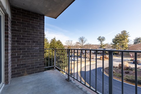 A balcony with a black railing and a view of a road and trees.