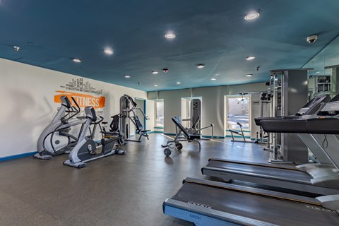 A gym with treadmills, exercise bikes and other equipment.