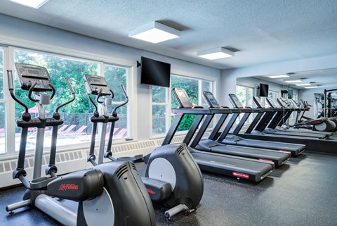 A gym with treadmills and elliptical machines.
