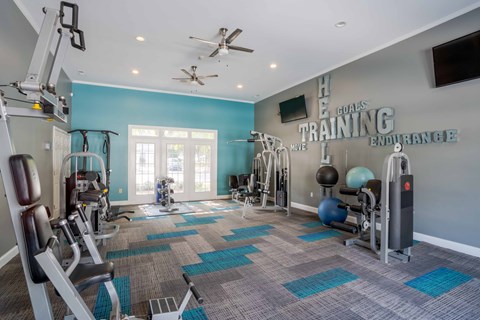 A gym with a variety of equipment including weights and cardio machines.