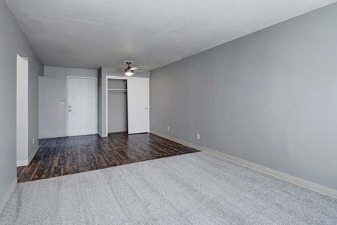 A room with a carpeted floor and a ceiling fan.