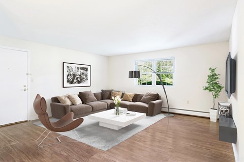 A living room with a brown chair and a brown couch.