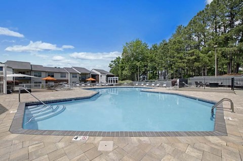 A large outdoor swimming pool surrounded by a stone patio and trees.