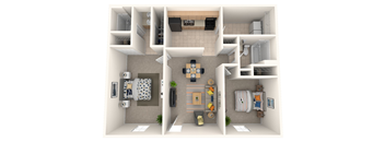 A 3D floor plan of a small apartment with a kitchen, living room, and bathroom.