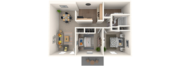 A 3D floor plan of a small apartment with a kitchen, living room, and bathroom.