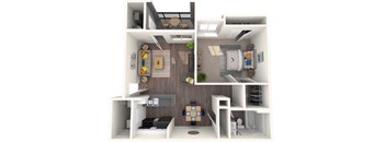 A 3D image of a small apartment with a kitchen, living room, and bathroom.