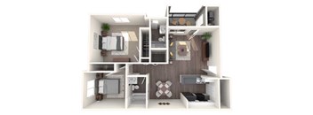 A 3D floor plan of a small apartment with a kitchen, living room, and bedroom.