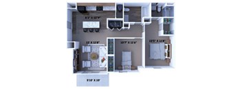 A floor plan of a two-bedroom apartment with dimensions and furniture layout.