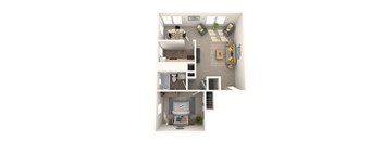 A 3D rendered image of a small apartment with a kitchen, living room, and bathroom.