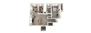 A 3D floor plan of a house with a kitchen, living room, and two bedrooms.