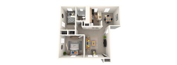 A 3D floor plan of a small apartment with a kitchen, living room, and bedroom.