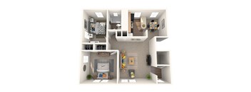A 3D floor plan of a house showing a kitchen, living room, and two bedrooms.