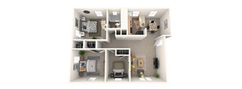 A 3D floor plan of a small apartment with a kitchen, living room, and bathroom.