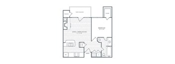 A floor plan of a house with a living room, dining room, bedroom, and pantry.