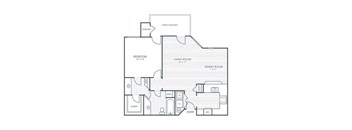 A floor plan of a house with a bedroom, living room, dining room, and kitchen.