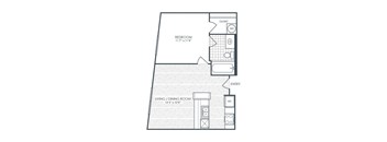A floor plan of a room with a bedroom and a living/dining room.