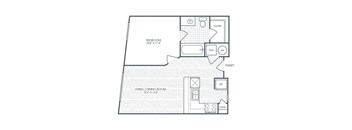 A floor plan of a room with a bedroom, living/dining room, and pantry.