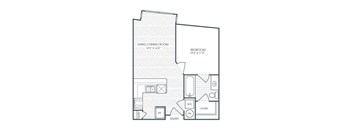 A floor plan of a small apartment with a living/dining room, bedroom, and closet.