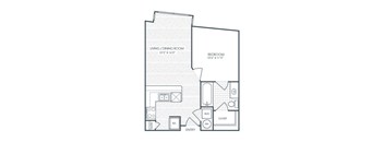 A floor plan of a small apartment with a living/dining room, bedroom, and closet.