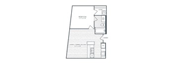 A floor plan of a room with a bedroom and a living/dining room.