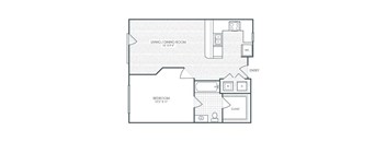 A floor plan of a small apartment with a living room, dining room, bedroom, and bathroom.