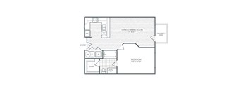 A floor plan of a small apartment with a bedroom, living room, and kitchen.