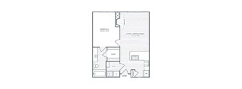 A floor plan of a small apartment with a bedroom, living/dining room, kitchen, and bathroom.