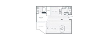 A floor plan of a house with a bedroom, living room, dining room, and bathroom.