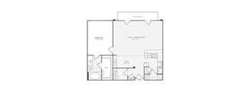 A floor plan of a house with a bedroom, living room, and kitchen.