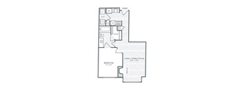A black and white image of a floor plan for a home with a living room, dining room, and bedroom.