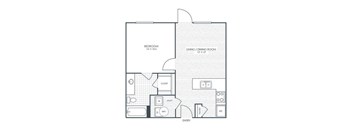 A floor plan of a small apartment with a bedroom, living/dining room, and bathroom.
