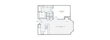 A floor plan of a house with a bedroom, living/dining room, and pantry.