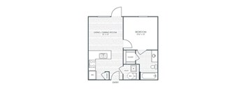 A floor plan of a small apartment with a living/dining room, bedroom, and bathroom.