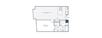 A floor plan of a small apartment with a bedroom, living/dining room, and panne.