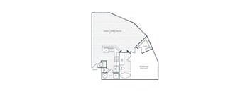 A drawing of a house with a living and dining room.