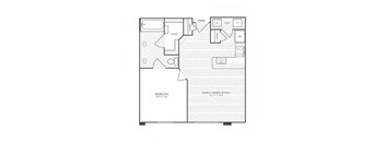 A floor plan of a room with a bedroom and a living/dining room.