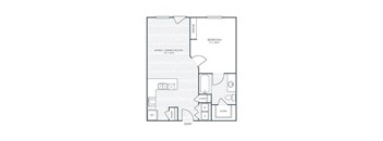 A floor plan of a small apartment with a living room, dining room, kitchen, and bedroom.