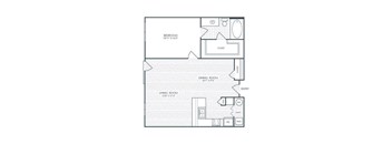 A floor plan of a small apartment with a bedroom, living room, and dining room.