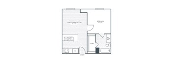 A floor plan of a small apartment with a living room, dining room, bedroom, and bathroom.