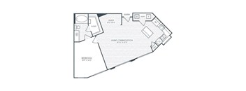 A floor plan of a house with a study, living/dining room, and bedroom.