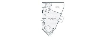 A floor plan of a house with a bedroom, study, and living/dining room.