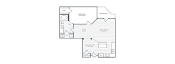 A floor plan of a house with a bedroom, study, living room, dining room, and an entry.