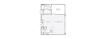 A floor plan of a room with a study area, a bedroom, a living/dining area, and a closet.