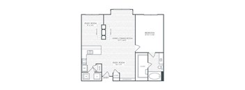 A floor plan of a house with a study room, living room, and bedroom.
