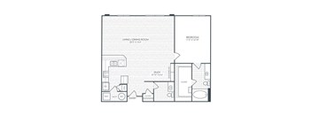 A floor plan of a small apartment with a living room, dining room, study, bedroom, and bathroom.