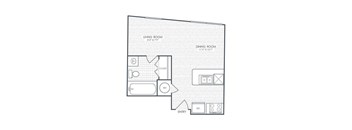 A floor plan of a room with a living room, dining room, and kitchen.