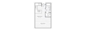 A floor plan of a small apartment with a living room, dining room, and kitchen.