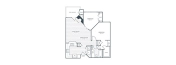 A floor plan of a house with a garage, living room, dining room, kitchen, and bathrooms.